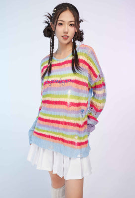 Micotaku Rainbow Stripe Loose Fit Casual Wear Sweater - L/XL