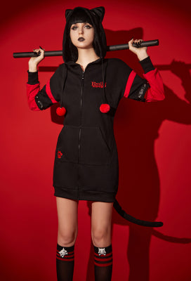 [Officially Licensed] Emily the Strange Black Red Long Sleeves Zipper Hooded Halloween Pajama Dress - Women S