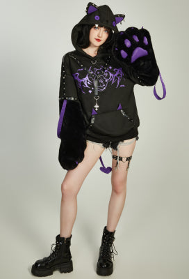 Micotaku Gothic Rivet Design Paw Hoodie Vintage Outfits Daily Wear - S/M