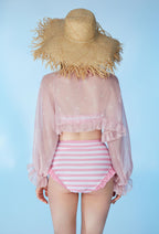 Officially Licensed Micotaku × Strawberry Shortcake Pink Striped Swimsuit - Women L