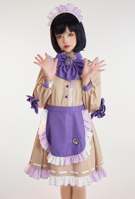 [Officially Licensed] Lilac Charm Kawaii Dark Skull Print Maid Cosplay Costume with Bowknot Apron - Women S