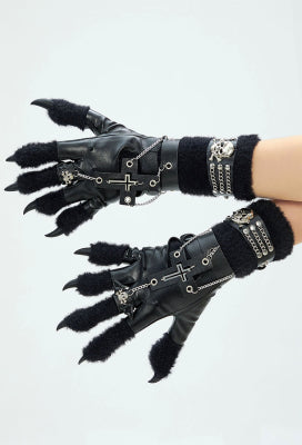 Micotaku Gothic Black Cat Knitted Paw Glove with Skeleton and Cross Faux Leather Wristband for Cosplay - One Size