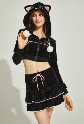 Micotaku Paw Hoodie Skirt Set Women Black Dizzy Cat Hoodie Daily Wear - Women S
