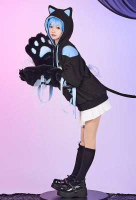 Snow Down Blue Black Skull Cat Print Pullover Hoodie with Detachable Furry Cat Paw Gloves - L/XL