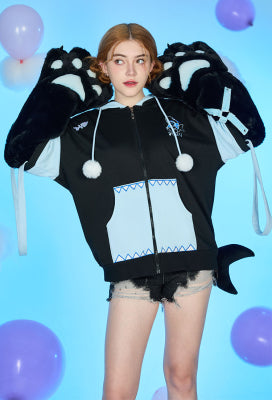 Micotaku Dizzy Shark-Kitten Black and Blue Paw Hoodie Daily Wear - S/M