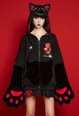 [Officially Licensed] Emily the Strange Halloween Chairman of The Bored Print Cat Zip Up Hoodie with Furry Paw Gloves - S/M