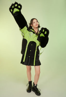 Micotaku Cyberpunk Kitten Strap Decorated Furry Cat Paw Hooded Jacket - L/XL