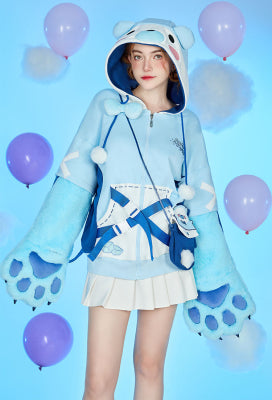 [Officially Licensed] Goodnight Pajamals x Micotaku Polar Bear Popo Paw Hoodie White and Sky Blue Furry Paw Hoodie Daily Wear - L/XL