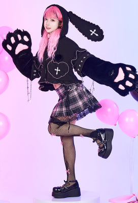 Bounce Bunny Black Pink Cross Print Pullover Hoodie with Detachable Furry Cat Paw Gloves - L/XL