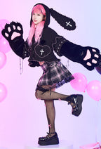 Bounce Bunny Black Pink Cross Print Pullover Hoodie with Detachable Furry Cat Paw Gloves - L/XL