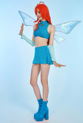 Officially Licensed Winx Club Bloom Cosplay Halloween Fairy Costume | Blue Tops and Skirt with Fairy Wings - Women M