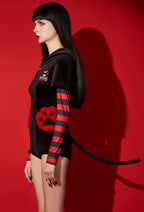 [Officially Licensed] Emily the Strange Striped Sleeves Paw Bags Zipper Cat Halloween Romper Pajama - Women XL