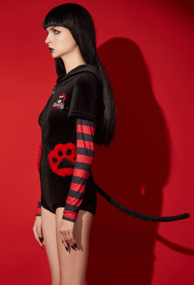 [Officially Licensed] Emily the Strange Striped Sleeves Paw Bags Zipper Cat Halloween Romper Pajama - Women XL