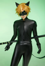 Officially Licensed Miraculous Cat Noir Cosplay Costume Elastic Leather Jumpsuit for Halloween Costume - XS