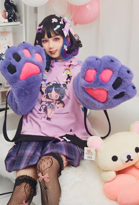 Purple Haze Cartoon Graphic Pullover Hoodie Cute Style Pastel Hoodie with Furry Cat Paw Gloves - L/XL