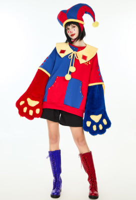 Micotaku Clown Hoodie Red and Blue Color-block Paw Hoodie - S/M