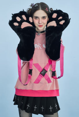 Dreaming Kitten Cat Pullover Furry Hoodie Cute Style Pastel Character Pattern Hoodie with Plush Cat Paw Gloves - L/XL