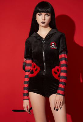 [Officially Licensed] Emily the Strange Striped Sleeves Paw Bags Zipper Cat Halloween Romper Pajama - Women L