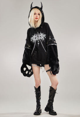 Black Imp Furry Paw Hoodie Long Sleeved Devil Horn Hooded Daily Wear - L/XL