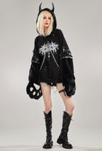 Black Imp Furry Paw Hoodie Long Sleeved Devil Horn Hooded Daily Wear - L/XL