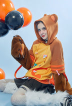 Honey Bear Graphic Pullover Hoodie Cute Style Brown Bee Pattern Hoodie with Furry Cat Paw Gloves - L/XL