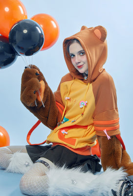 Honey Bear Graphic Pullover Hoodie Cute Style Brown Bee Pattern Hoodie with Furry Cat Paw Gloves - L/XL