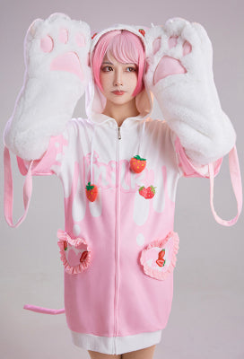 Strawberry Recipe Women Adult Strawberry Milk Print Hooded Onesie Dress Kigurumi Sleepwear with Furry Paw Gloves - Women M