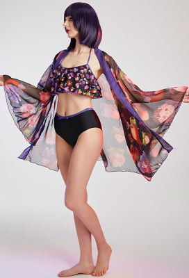 [Officially Licensed] Fresh Rose Women Dark Demon Black Halter Ruffles High Waisted Two Piece Swimsuit - Women XL