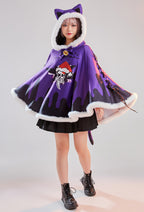 Ghost's Blessing Christmas Women Gothic Purple Dark Santa Claus Print Poncho Fluffy Trim Cape - L/XL
