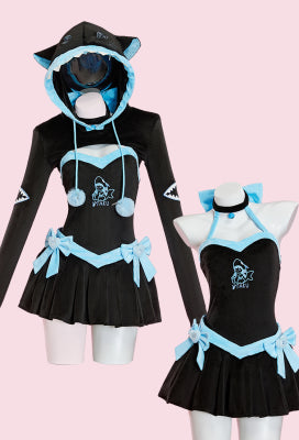 Micotaku Shark Hoodie Dress with Removable Bows & Embroidered Details - Women S