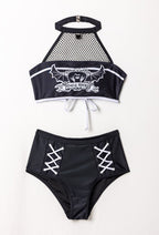 [Officially Licensed] Emily the Strange Emily's Whimsy Two-Piece Swimsuit Print Halter Top and High Waist Bottom - Women XL