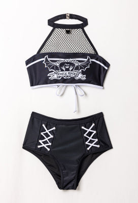 [Officially Licensed] Emily the Strange Emily's Whimsy Two-Piece Swimsuit Print Halter Top and High Waist Bottom - Women XL