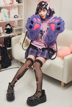 Purple Haze Cartoon Graphic Pullover Hoodie Cute Style Pastel Hoodie with Furry Cat Paw Gloves - S/M