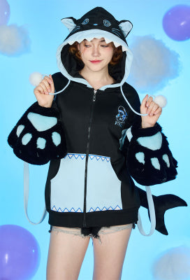 Micotaku Dizzy Shark-Kitten Black and Blue Paw Hoodie Daily Wear - L/XL