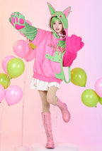 Zombie Puppy-Kitten Pink Green Pullover Hoodie with Detachable Furry Cat Paw Gloves - L/XL