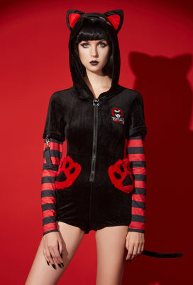 [Officially Licensed] Emily the Strange Striped Sleeves Paw Bags Zipper Cat Halloween Romper Pajama - Women S