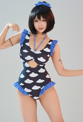 [Officially Licensed] Fluffy Cloud Women Dark Black Purple Cloud Cutout One Piece Swimsuit - Women M