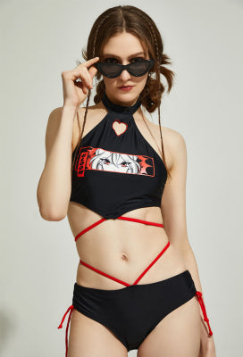 Officially Licensed Winx Club Bloom Costume Print Black Red Two-Piece Swimsuit - Women S