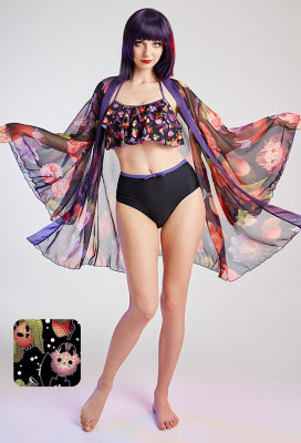 [Officially Licensed] Fresh Rose Women Dark Demon Black Halter Ruffles High Waisted Two Piece Swimsuit - Women S