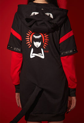 [Officially Licensed] Emily the Strange Black Red Long Sleeves Zipper Hooded Halloween Pajama Dress - Women XL