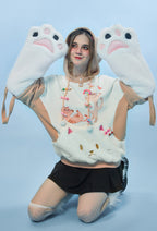 Glamorous Kitten Cartoon Graphic Cat Pullover Hoodie Cute Style Khaki Hoodie with Furry Cat Paw Gloves - L/XL