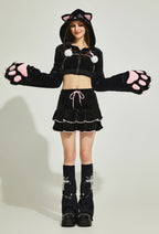 Micotaku Paw Hoodie Skirt Set Women Black Dizzy Cat Hoodie Daily Wear - Women XL