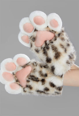 Micotaku Plush Large Cat Paw Gloves Leopard Print Furry Paw Gloves - One Size