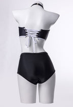 [Officially Licensed] Emily the Strange Emily's Whimsy Two-Piece Swimsuit Print Halter Top and High Waist Bottom - Women M