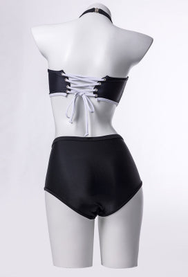 [Officially Licensed] Emily the Strange Emily's Whimsy Two-Piece Swimsuit Print Halter Top and High Waist Bottom - Women M