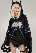 Black Imp Furry Paw Hoodie Long Sleeved Devil Horn Hooded Daily Wear - S/M