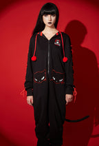 [Officially Licensed] Emily the Strange Halloween Black Lace-Up Sleeves Zipper Hooded Onesie Pajama - Women M