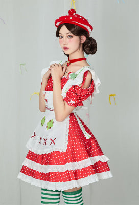 [Officially Licensed] Strawberry Shortcake × Micotaku Women Dress Set with Beret and Apron Strawberry Shortcake Cosplay Costume - Women M
