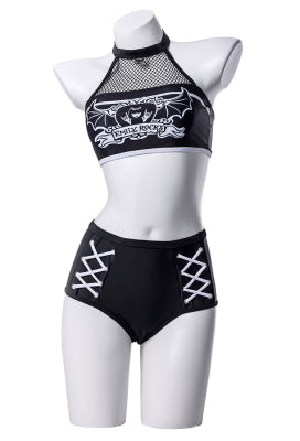 [Officially Licensed] Emily the Strange Emily's Whimsy Two-Piece Swimsuit Print Halter Top and High Waist Bottom - Women S