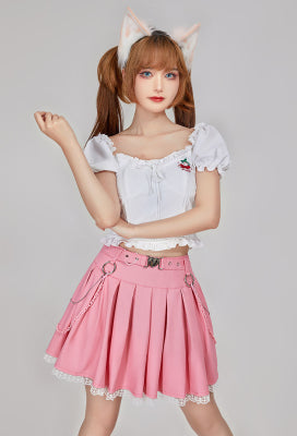 Micotaku White Cherry Puff-Sleeve Crop Top Casual Daily Wear - Women L